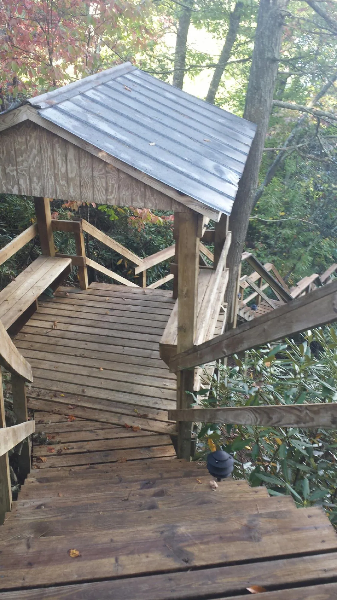 Metal roofed shelter over wooden steps on a wooded walkway — Skylight Repair & Installation work by our crew in Hogansville